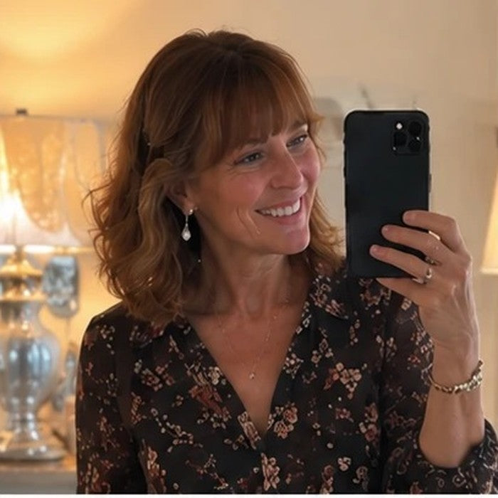 Customer taking a photo in her floral blouse