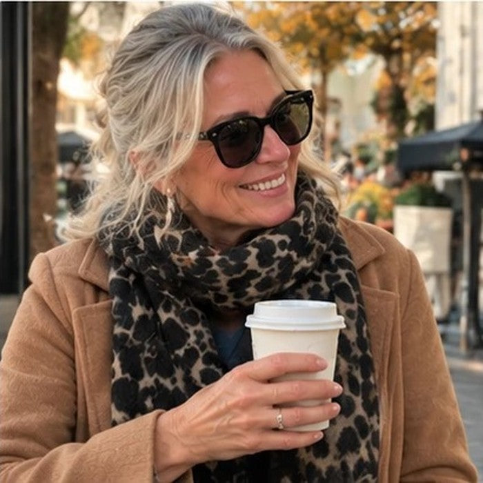 Customer in a camel coat with a coffee