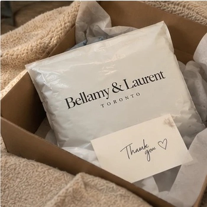 Bellamy & Laurent package with a thank-you card